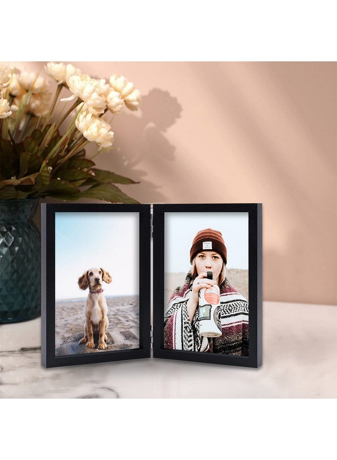 Forev 4x6 Double Picture Frame Wooden Hinged Photo Frame Definition Glass Stand Vertically on Desktop or Tabletop Black - Image 4