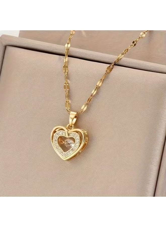 aeen Elegant Dual-Layer Heart Pendant Necklace for Women – Golden-Tone Copper with Sparkling Cubic Zirconia, Perfect Gift for Mother’s Day & Special Occasions - Image 1