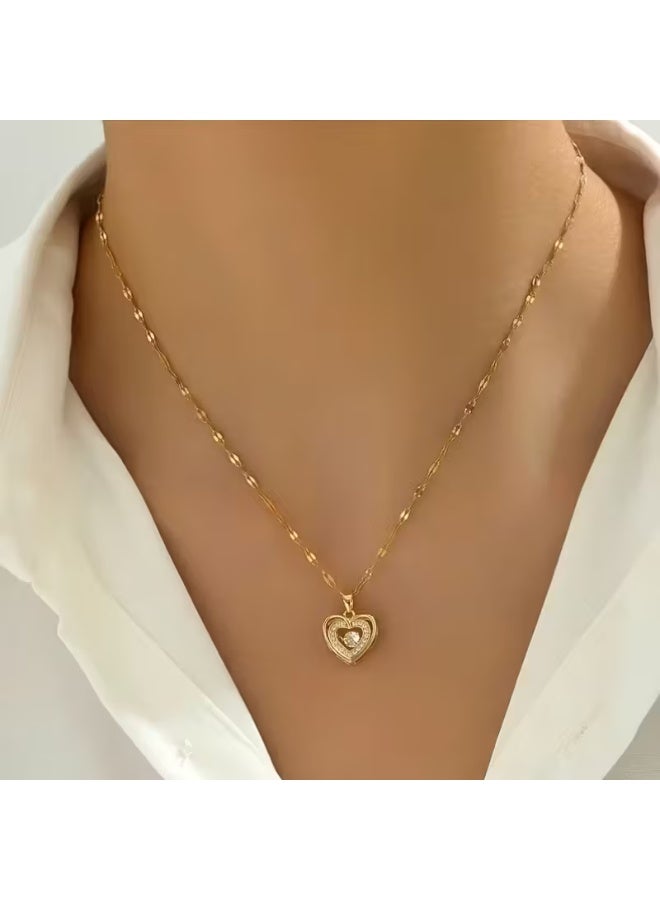 aeen Elegant Dual-Layer Heart Pendant Necklace for Women – Golden-Tone Copper with Sparkling Cubic Zirconia, Perfect Gift for Mother’s Day & Special Occasions - Image 2