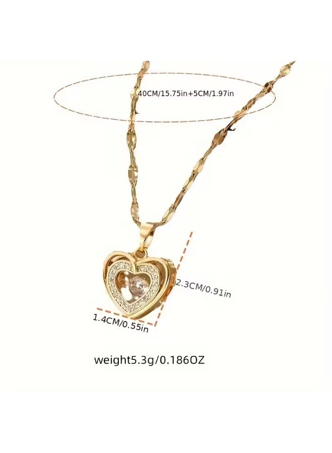 aeen Elegant Dual-Layer Heart Pendant Necklace for Women – Golden-Tone Copper with Sparkling Cubic Zirconia, Perfect Gift for Mother’s Day & Special Occasions - Image 3