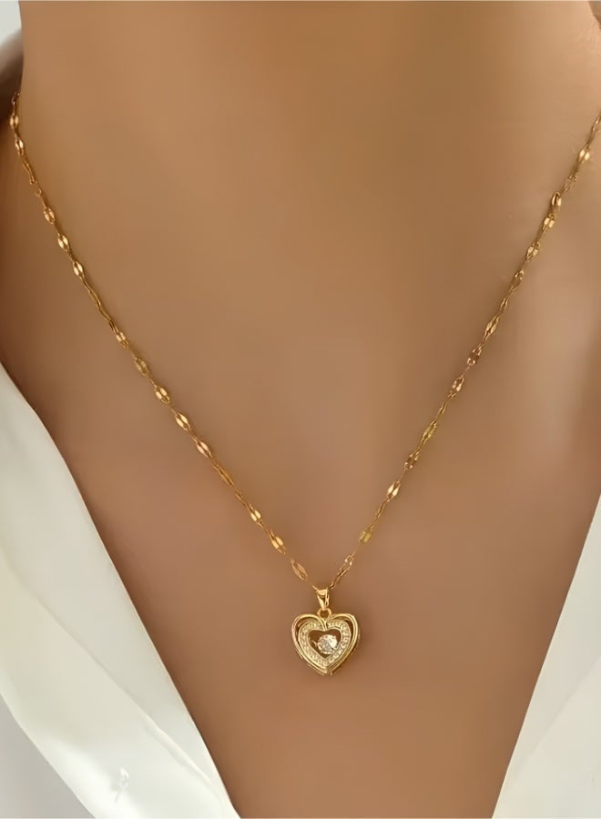aeen Elegant Dual-Layer Heart Pendant Necklace for Women – Golden-Tone Copper with Sparkling Cubic Zirconia, Perfect Gift for Mother’s Day & Special Occasions - Image 3