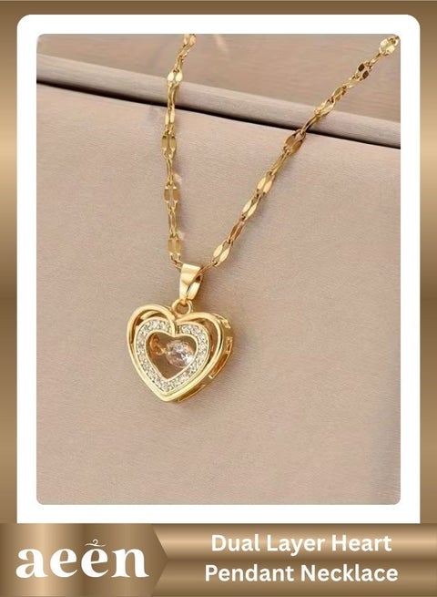 Elegant Dual-Layer Heart Pendant Necklace for Women – Golden-Tone Copper with Sparkling Cubic Zirconia, Perfect Gift for Mother’s Day & Special Occasions