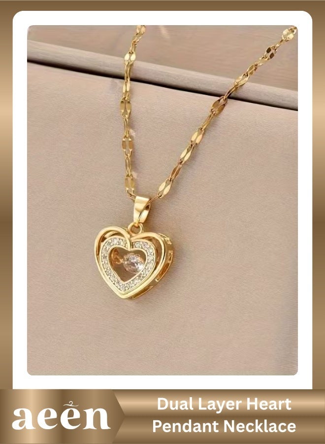 aeen Elegant Dual-Layer Heart Pendant Necklace for Women – Golden-Tone Copper with Sparkling Cubic Zirconia, Perfect Gift for Mother’s Day & Special Occasions - Image 1