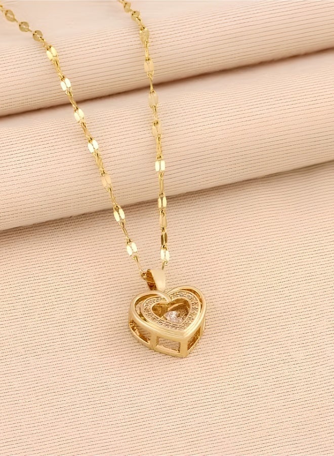 aeen Elegant Dual-Layer Heart Pendant Necklace for Women – Golden-Tone Copper with Sparkling Cubic Zirconia, Perfect Gift for Mother’s Day & Special Occasions - Image 4