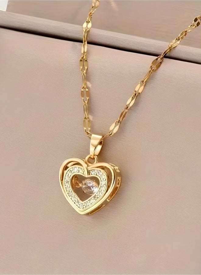 aeen Elegant Dual-Layer Heart Pendant Necklace for Women – Golden-Tone Copper with Sparkling Cubic Zirconia, Perfect Gift for Mother’s Day & Special Occasions - Image 2