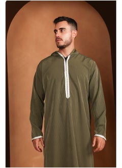 Yigo by Mariam Qamis Ismael – Olive Green Hooded Men’s Qamis – Lightweight Zibda Fabric | Classic Omani Style Thobes  - Image 3