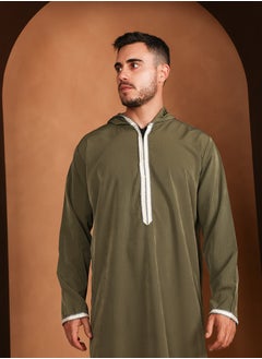 Yigo by Mariam Qamis Ismael – Olive Green Hooded Men’s Qamis – Lightweight Zibda Fabric | Classic Omani Style Thobes  - Image 1