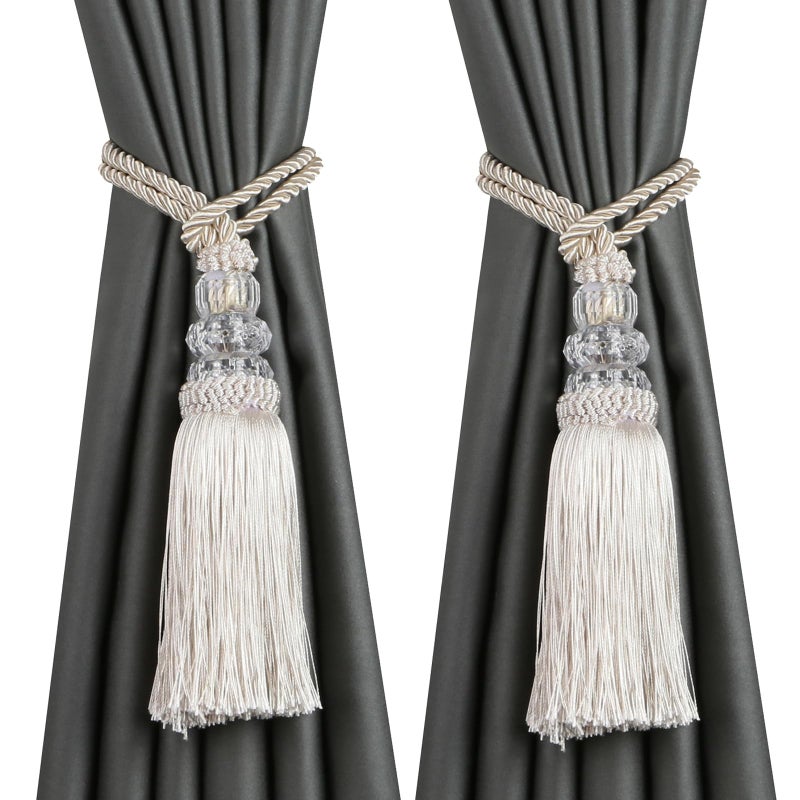 HedongHexi Curtain Tiebacks with Tassel, Outdoor Elegant Decorative Curtain Holdback,Modern Rope Window Curtain Ties Backs for Draperies with Hooks 2 Pack (2, Beige) - Image 1