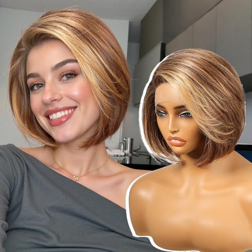 KOME Brown mix Blonde Highlight Synthetic Lace Front WigSide Part Short Straight Glueless Bob Wig for White Women Daily Use 10IN TT4243 - Image 1