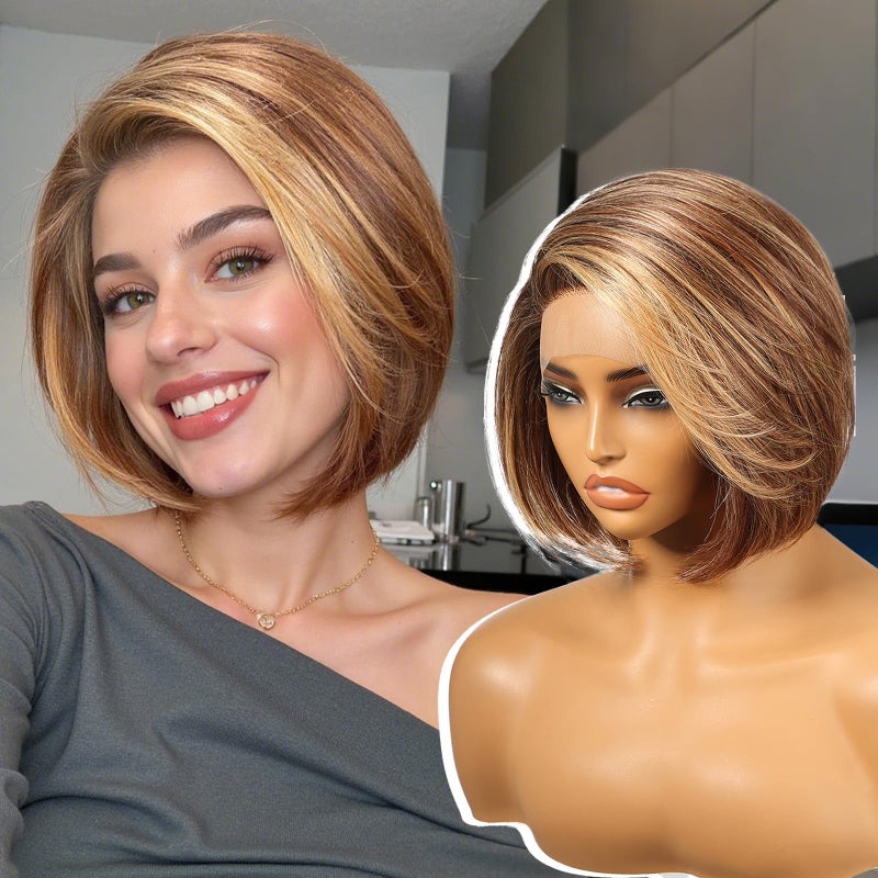 KOME Brown mix Blonde Highlight Synthetic Lace Front WigSide Part Short Straight Glueless Bob Wig for White Women Daily Use 10IN TT4243 - Image 2