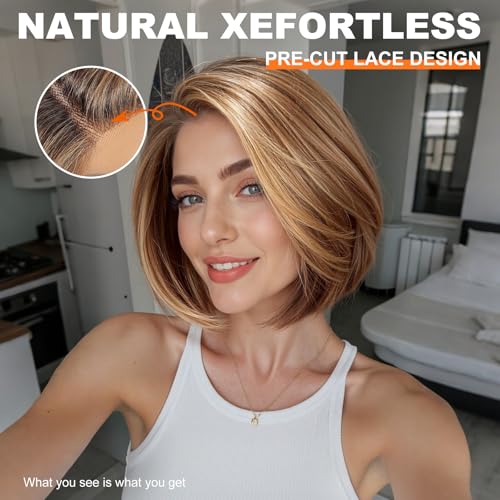 KOME Brown mix Blonde Highlight Synthetic Lace Front WigSide Part Short Straight Glueless Bob Wig for White Women Daily Use 10IN TT4243 - Image 3