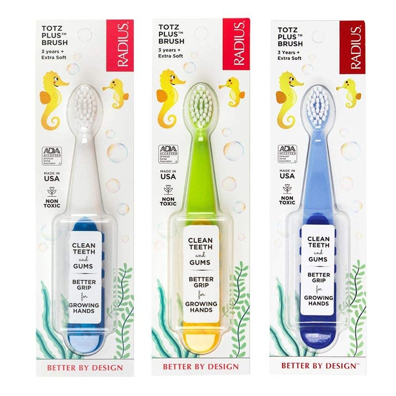 RADIUS Childrens Toothbrush Totz Plus Brush Extra Soft Bristles WhiteGreenLightblue BPA Free ADA Accepted for Delicate Teeth Gums for Children 3 Years Up Pack of 3
