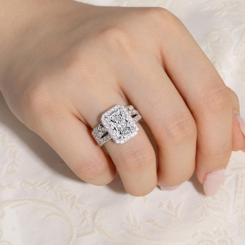 AVECON 5CT Elongated Radiant Cut Wedding Ring Set for Women - White Gold Filled 925 Sterling Silver Vintage Filigree Bridal Rings Sets Halo Design Cubic Zirconia Engagement Ring Wedding Band, Size 8 - Image 2