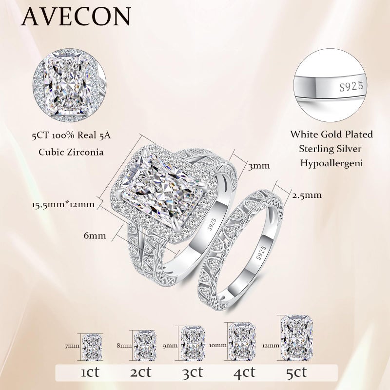 AVECON 5CT Elongated Radiant Cut Wedding Ring Set for Women - White Gold Filled 925 Sterling Silver Vintage Filigree Bridal Rings Sets Halo Design Cubic Zirconia Engagement Ring Wedding Band, Size 8 - Image 4