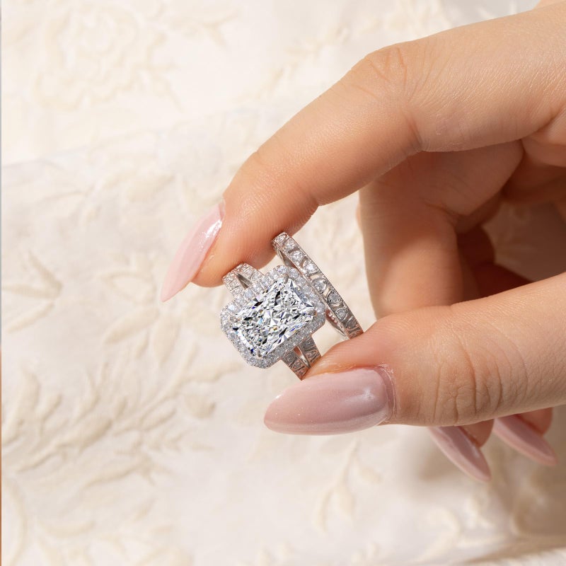 AVECON 5CT Elongated Radiant Cut Wedding Ring Set for Women - White Gold Filled 925 Sterling Silver Vintage Filigree Bridal Rings Sets Halo Design Cubic Zirconia Engagement Ring Wedding Band, Size 8 - Image 3