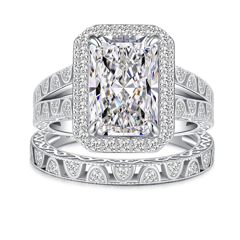 AVECON 5CT Elongated Radiant Cut Wedding Ring Set for Women - White Gold Filled 925 Sterling Silver Vintage Filigree Bridal Rings Sets Halo Design Cubic Zirconia Engagement Ring Wedding Band, Size 8 - Image 1
