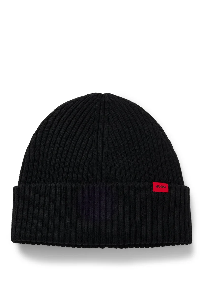 هوجو Ribbed beanie hat in virgin-wool with logo label