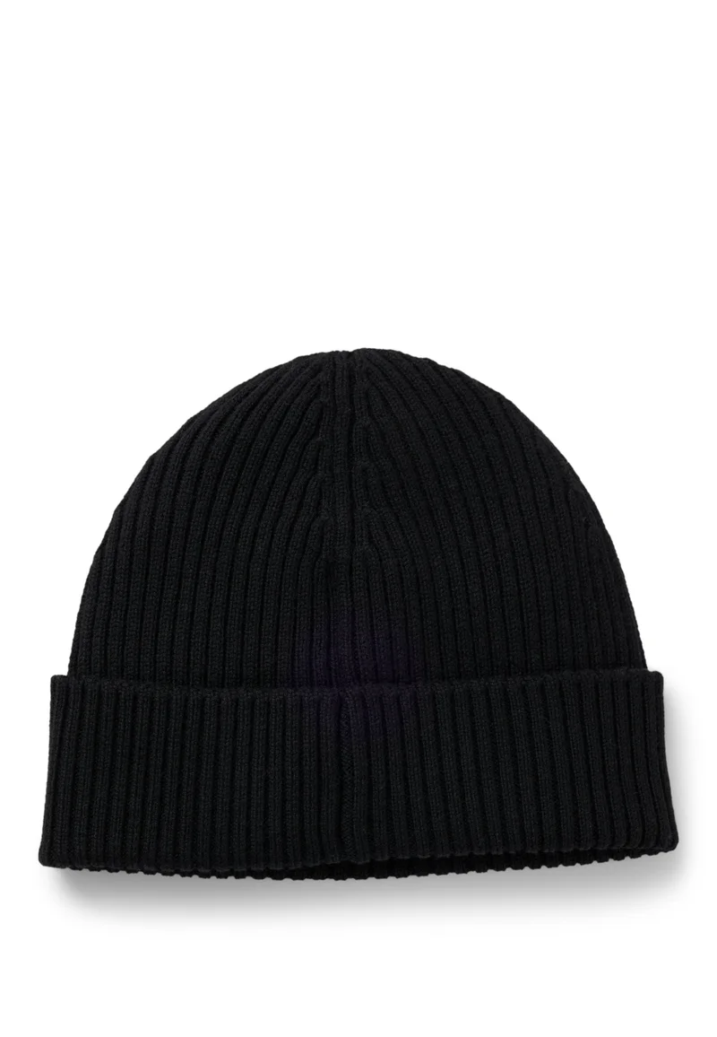 HUGO Black Virgin-wool beanie hat with logo label for Men | Best Price UAE