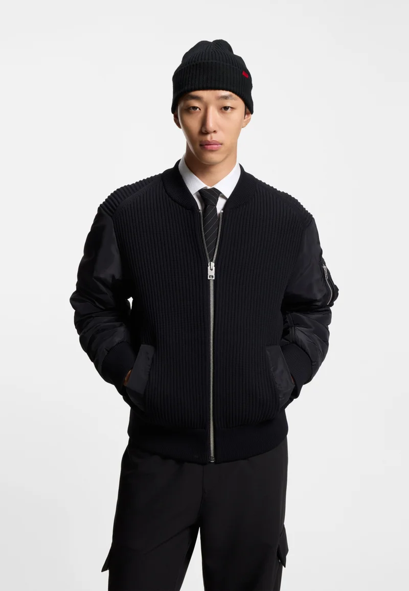 HUGO Black Virgin-wool beanie hat with logo label for Men | Best Price UAE