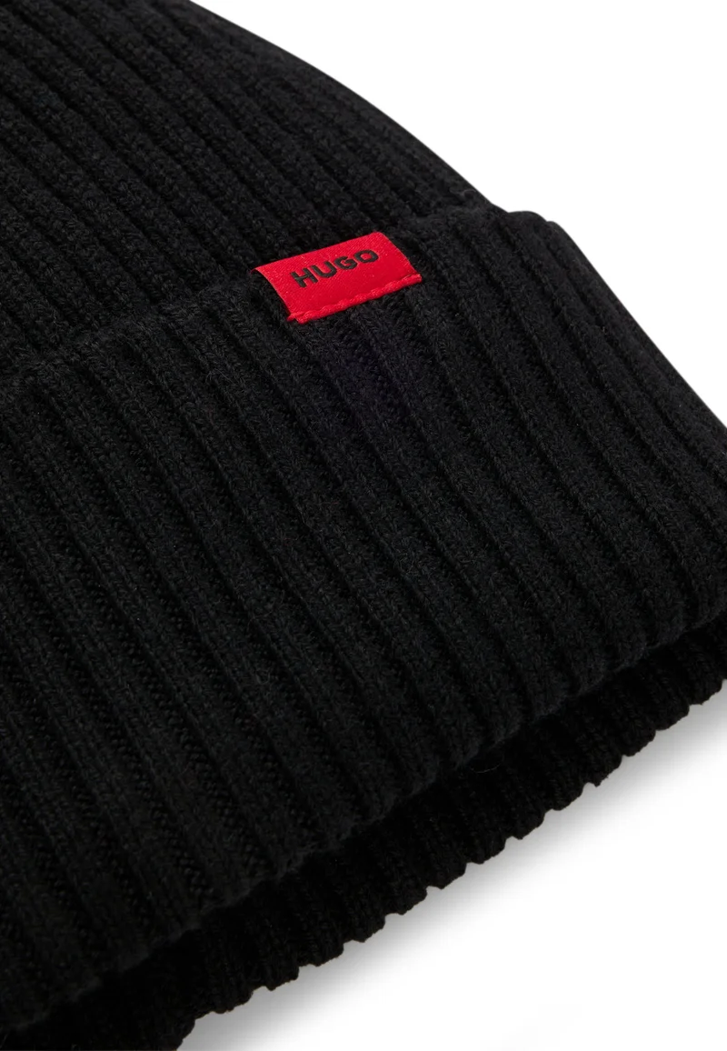 HUGO Black Virgin-wool beanie hat with logo label for Men | Best Price UAE