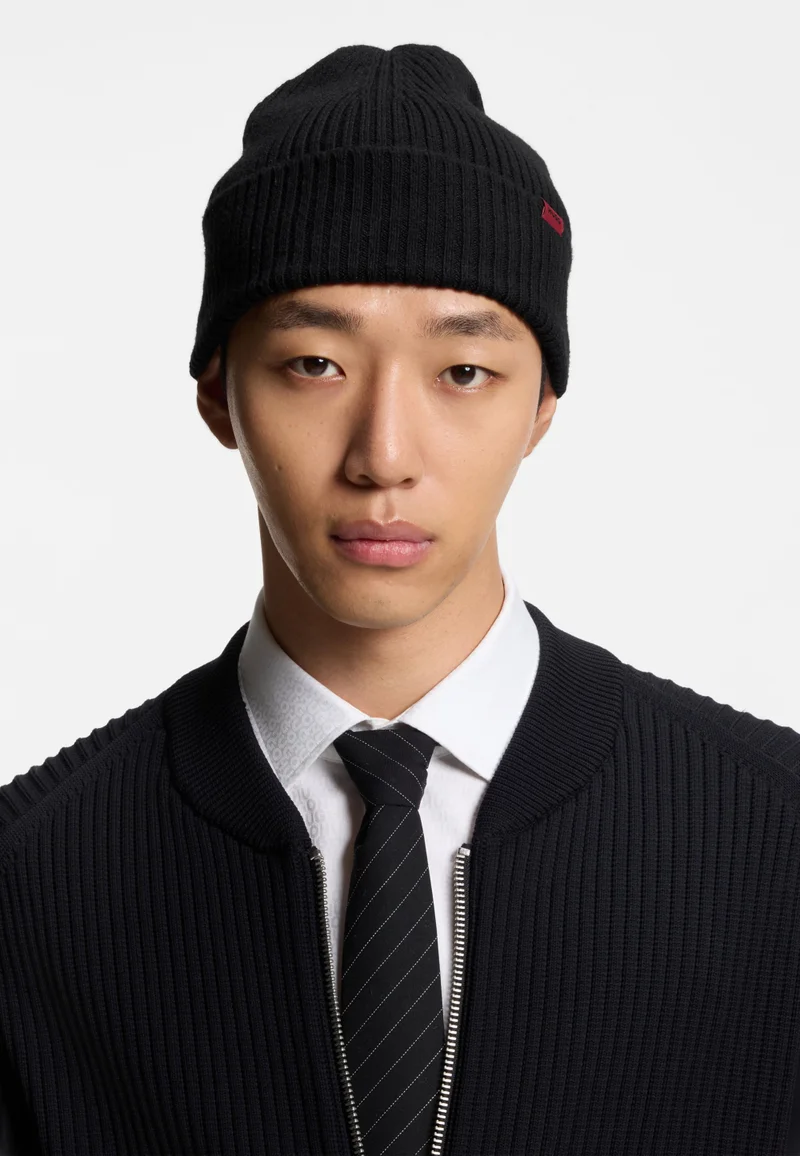 HUGO Black Virgin-wool beanie hat with logo label for Men | Best Price UAE