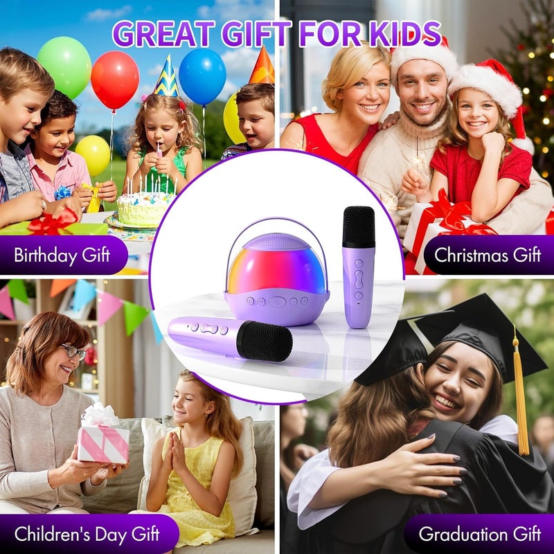 KASTWAVE Mini Karaoke Machine Portable Speaker with 2 Wireless Microphones, Rechargeable Karaoke System, LED Party Light, Fun Singing Machine, Gift for Boys Girls Age 3-12+, Family Party, Purple - Image 3