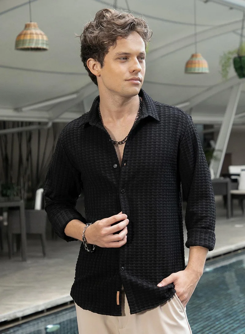 Campus Sutra Men's Onyx Black Embossed-Textured Shirt