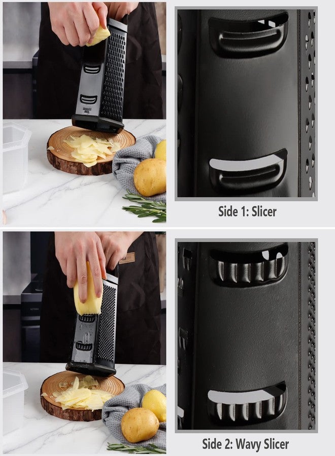 KAYCROWN Box Grater, Cheese Grater Shredder Stainless Steel with 6 Sides, Best for Parmesan Cheese, Vegetables, Potatoes, Carrot, Ginger, Mandoline Vegetable Slicer with Detachable Container, Black - Image 3