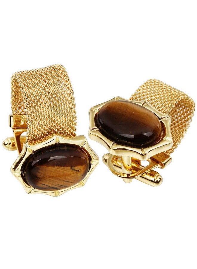 هاوسن أزرار أكمام للرجال مع سلسلة - إكسسوارات قميص من الحجر والذهب اللامع - هدايا حفلات للشباب (عين النمر) - Image 4