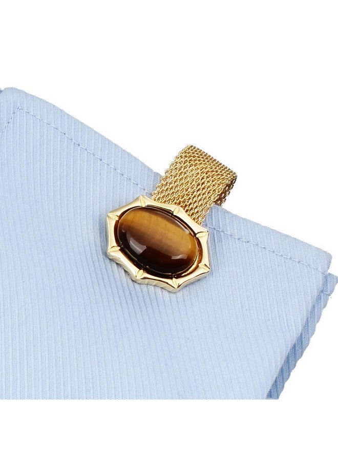 هاوسن أزرار أكمام للرجال مع سلسلة - إكسسوارات قميص من الحجر والذهب اللامع - هدايا حفلات للشباب (عين النمر) - Image 2