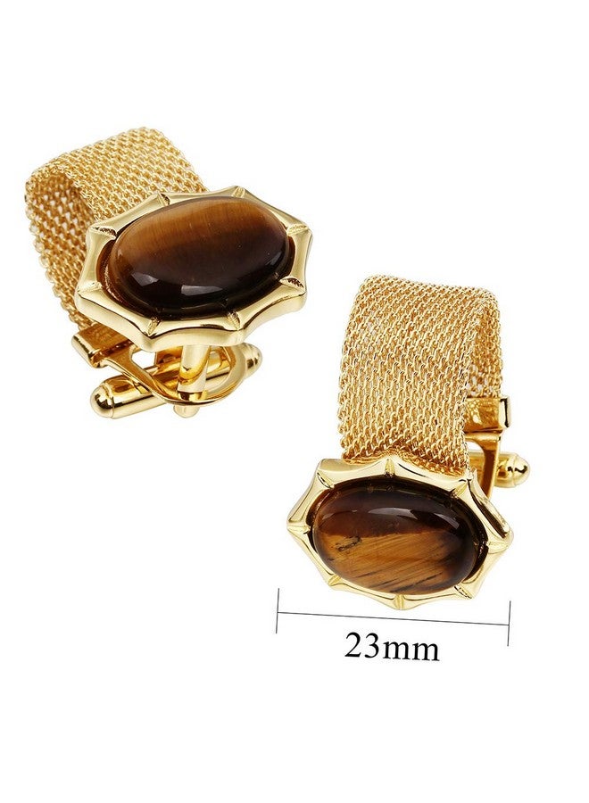 هاوسن أزرار أكمام للرجال مع سلسلة - إكسسوارات قميص من الحجر والذهب اللامع - هدايا حفلات للشباب (عين النمر) - Image 3