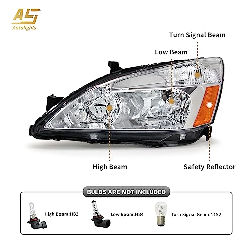 AS Headlight Assembly for 2003 2004 2005 2006 2007 Honda Accord Headlamp OE Replacement Chrome Housing Amber Reflector Pair - Image 3