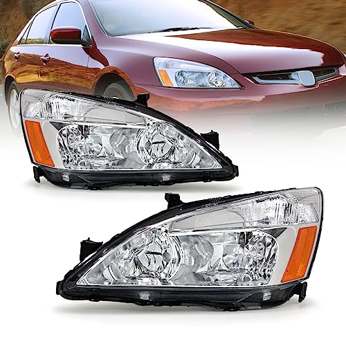 AS Headlight Assembly for 2003 2004 2005 2006 2007 Honda Accord Headlamp OE Replacement Chrome Housing Amber Reflector Pair - Image 1