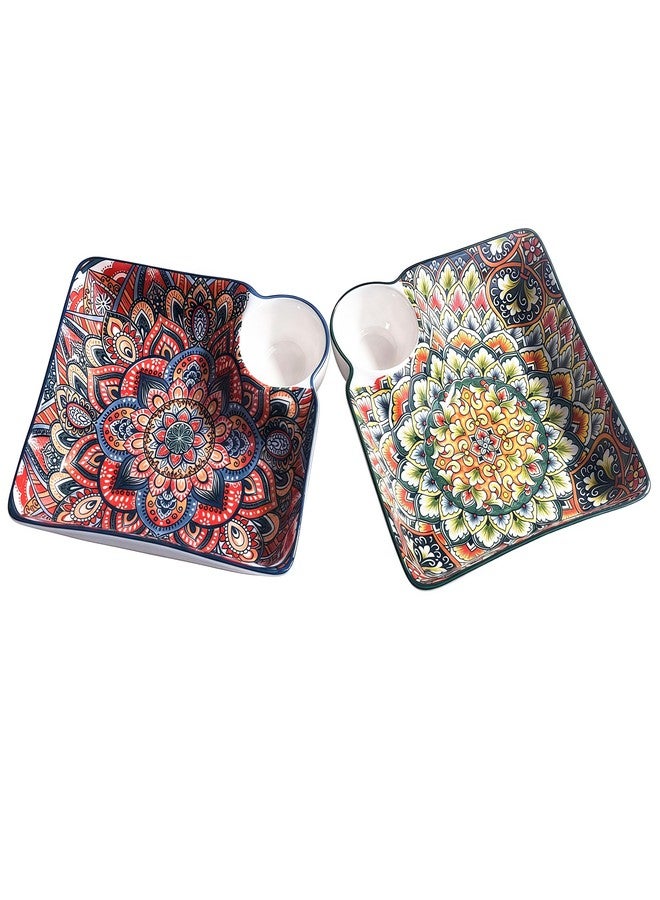 BOSILI Mandala Ceramic Dumpling Plates with Dipping Sauce Holder, Set of 2, Bohemian Rectangular Serving Trays, Vibrant Porcelain Sushi Plates for Appetizers, Snacks & Fries - Image 1