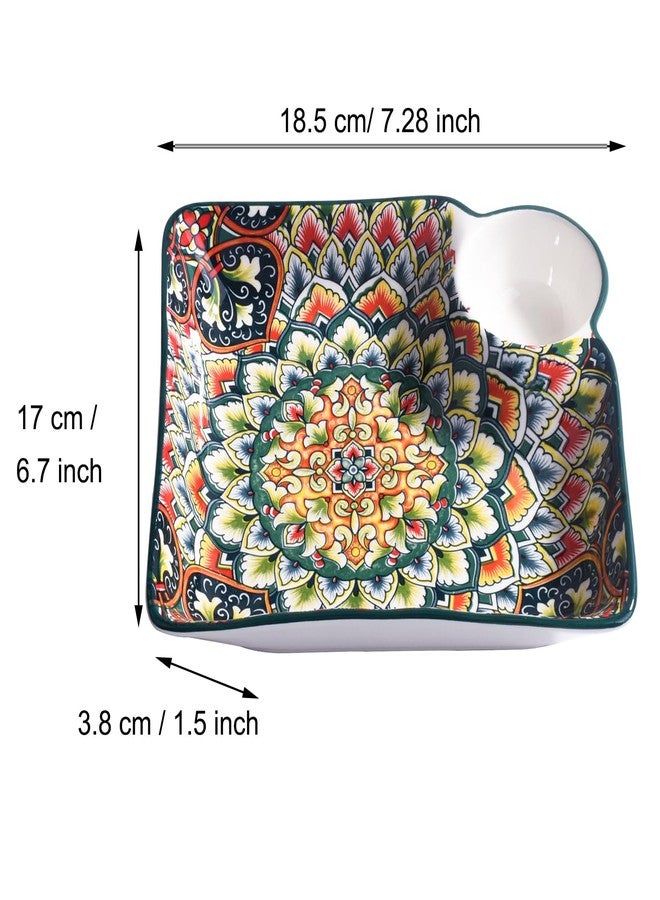 BOSILI Mandala Ceramic Dumpling Plates with Dipping Sauce Holder, Set of 2, Bohemian Rectangular Serving Trays, Vibrant Porcelain Sushi Plates for Appetizers, Snacks & Fries - Image 3