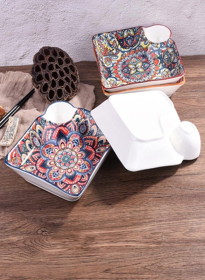 BOSILI Mandala Ceramic Dumpling Plates with Dipping Sauce Holder, Set of 2, Bohemian Rectangular Serving Trays, Vibrant Porcelain Sushi Plates for Appetizers, Snacks & Fries - Image 4