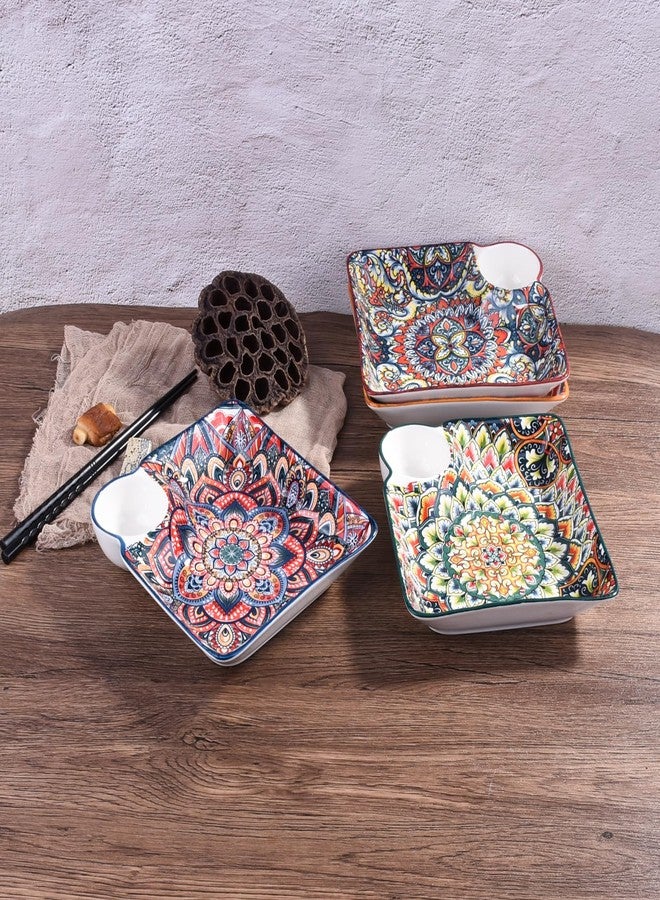 BOSILI Mandala Ceramic Dumpling Plates with Dipping Sauce Holder, Set of 2, Bohemian Rectangular Serving Trays, Vibrant Porcelain Sushi Plates for Appetizers, Snacks & Fries - Image 2