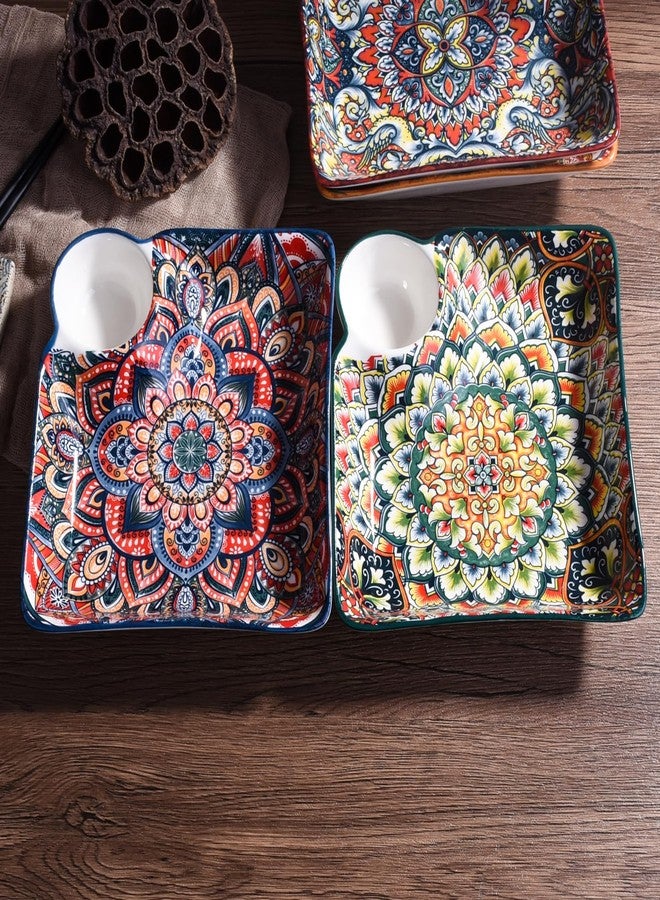 BOSILI Mandala Ceramic Dumpling Plates with Dipping Sauce Holder, Set of 2, Bohemian Rectangular Serving Trays, Vibrant Porcelain Sushi Plates for Appetizers, Snacks & Fries - Image 5