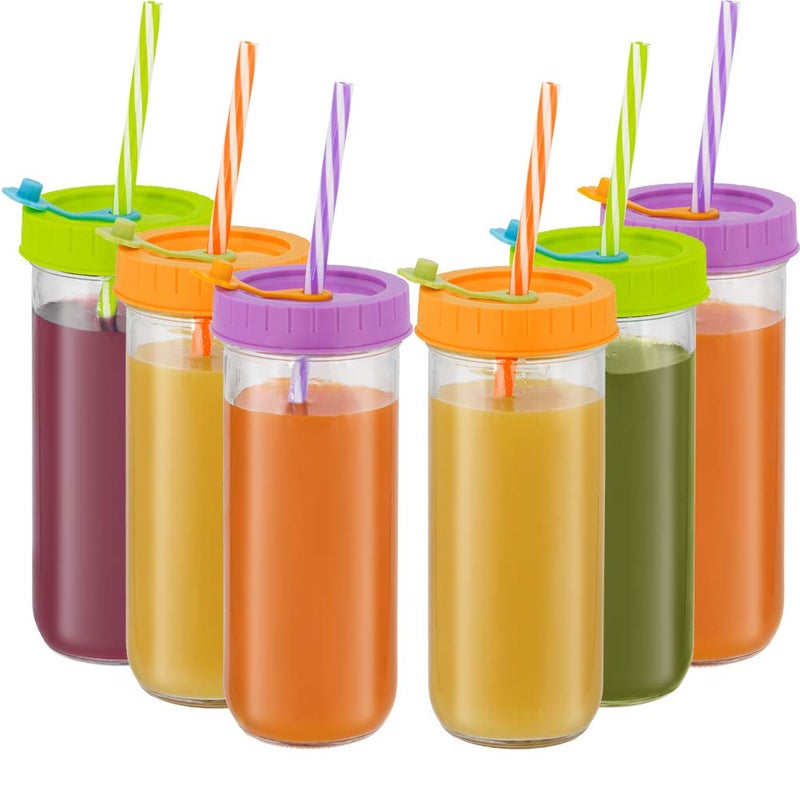 Glass Drinking Bottle Travel Drinking Jars 6 Pack, 16oz Mason Jars Regular Mouth Beverage Bottle with Airtight Lids &Straws, Reusable Water Bottle Skinny Tumbler for Juice/Smoothies,/Kombucha/Tea/Milk
