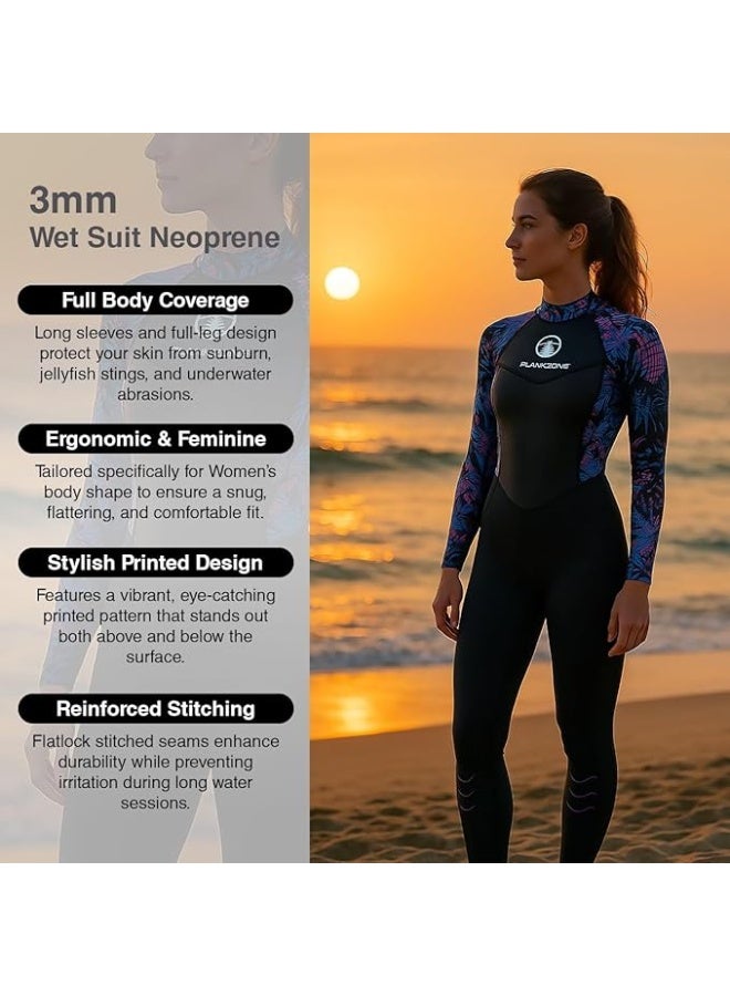 Plankzone 3mm Neoprene Super Stretch Full Body Wetsuit, Back Zipper, UV Protection, Printed Design, for Spearfishing Snorkeling Surfing Scuba Diving, Women - Image 2