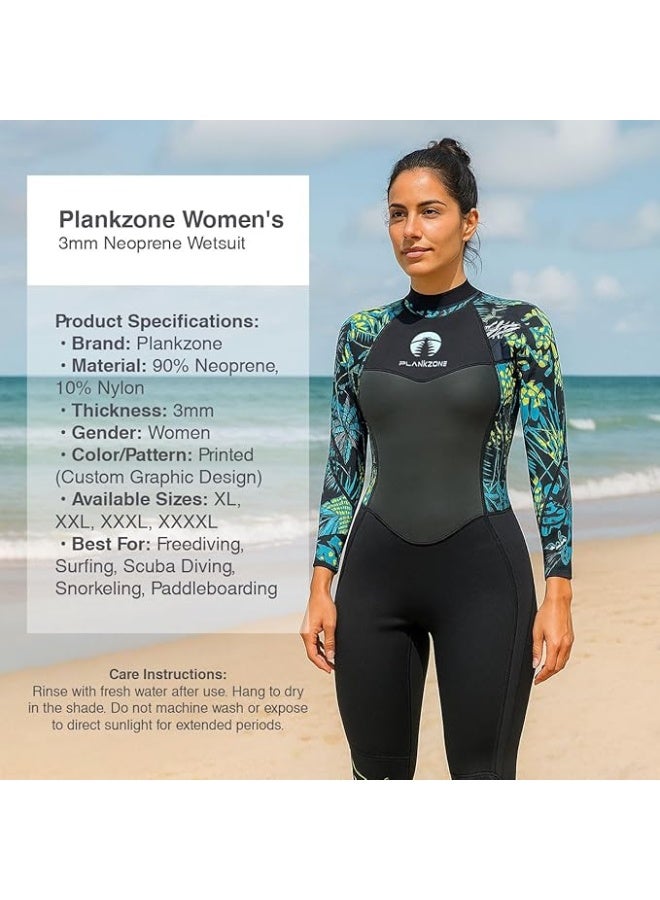 Plankzone 3mm Neoprene Super Stretch Full Body Wetsuit, Back Zipper, UV Protection, Printed Design, for Spearfishing Snorkeling Surfing Scuba Diving, Women - Image 1