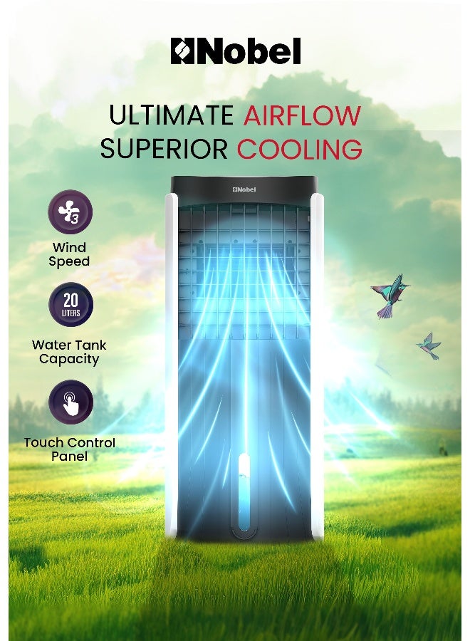 Nobel 20L Air Cooler with Humidifier, 3-Speed Fan, Ionizer & Touch Control, Portable Cooling with 24H Timer, Nature/Sleep Modes, Water Protection - (1 Year Warranty) 20 L 145 W NAC400R white - Image 2