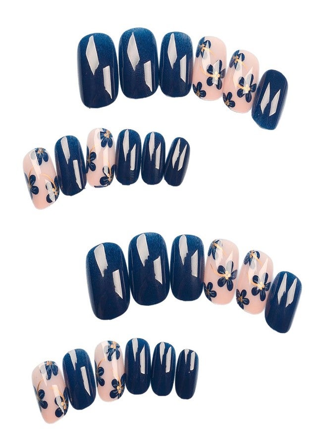 ASABITE 24Pcs Blue Flower Press on Nails Short Square Fake Nails Glossy Reusable Square False Nail Artificial Nails Press ons Spring Summer Flower Nail Art Design Holiday Stick on Nails for Women DIY Manicure - Image 3