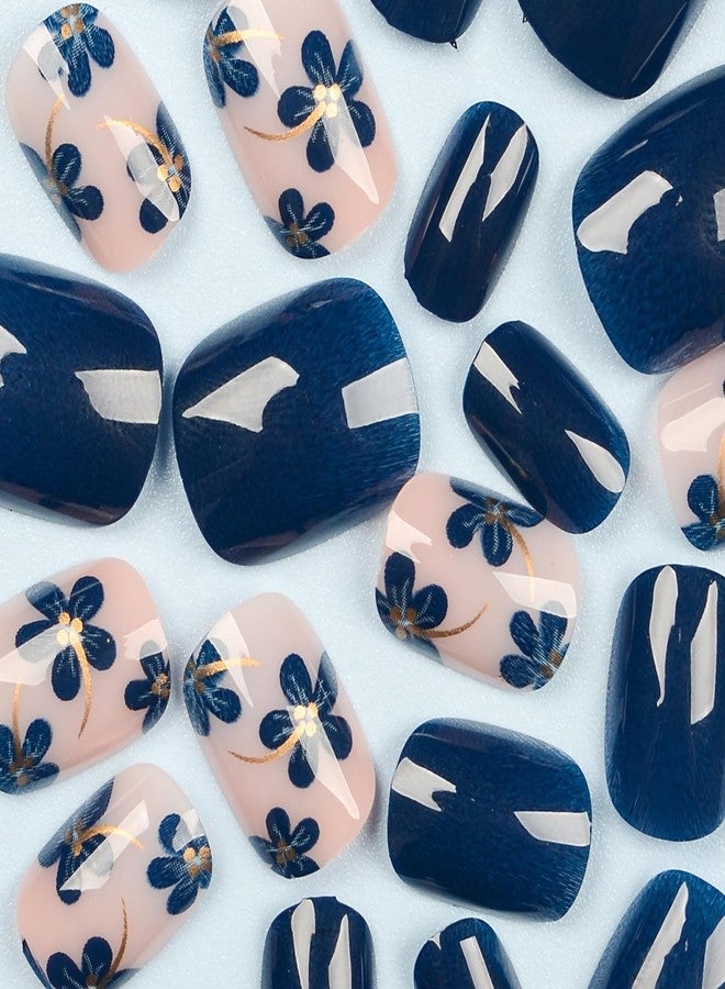 ASABITE 24Pcs Blue Flower Press on Nails Short Square Fake Nails Glossy Reusable Square False Nail Artificial Nails Press ons Spring Summer Flower Nail Art Design Holiday Stick on Nails for Women DIY Manicure - Image 4