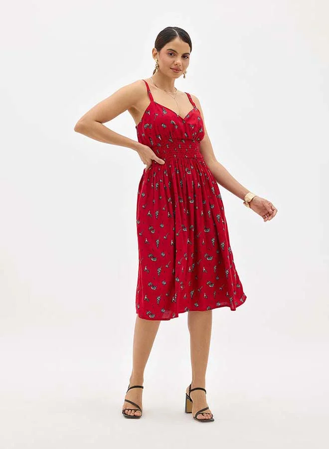 فيرجيو VIRGIO 100% Viscose Floral Print Smocked Midi Dress