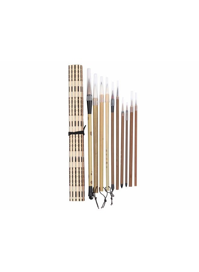 I-MART 10 Pcs Chinese Calligraphy Brush, Kanji Japanese Sumi Brushes, Writing Brush, Drawing Painting Brush Set with Roll Up Bamboo Holder - Image 1