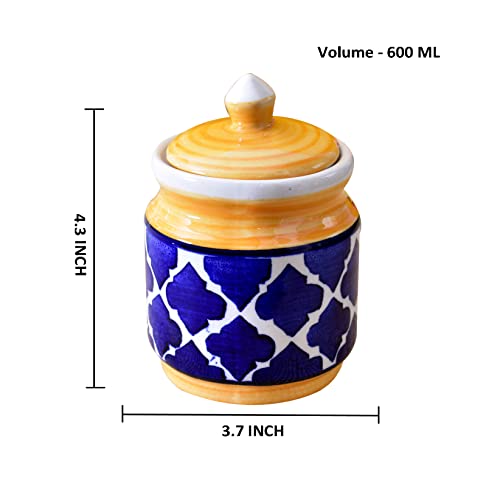 Kunhar Ceramic Jars (600ML) – Handcrafted Multipurpose Barni with Lid for Pickle, Chutney, Spices, Salt, Sugar – Kitchen Storage Containers, Yellow Blue - Image 4