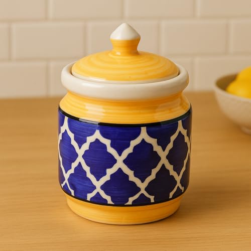 Kunhar Ceramic Jars (600ML) – Handcrafted Multipurpose Barni with Lid for Pickle, Chutney, Spices, Salt, Sugar – Kitchen Storage Containers, Yellow Blue - Image 3