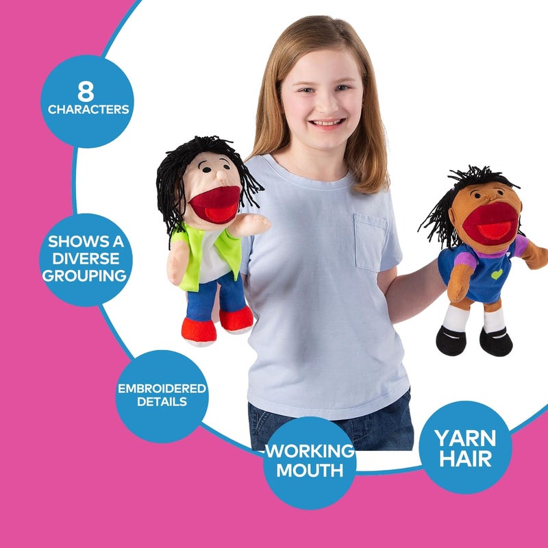 Fun Express Hand Puppets for Kids  8 Multicultural Plush Puppets with Movable Mouths for Speech Therapy Social Emotional Learning  Dramatic Play  14 Inch Educational Toys for Classroom  Home Use - Image 3