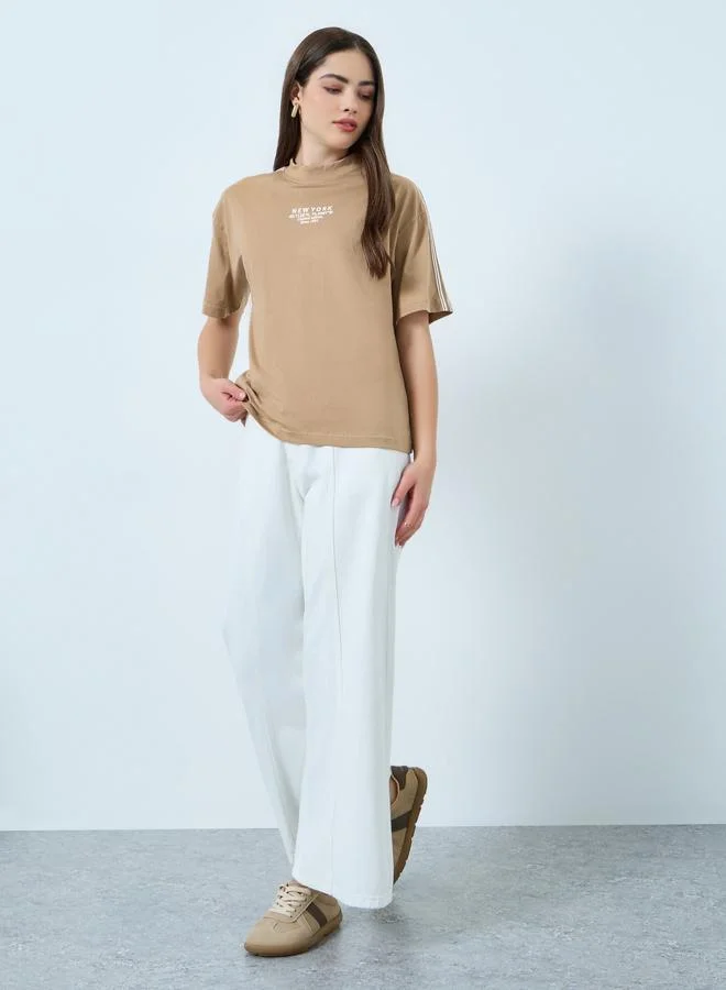 Styli Brown Taping Detail Cotton Oversized T-Shirt